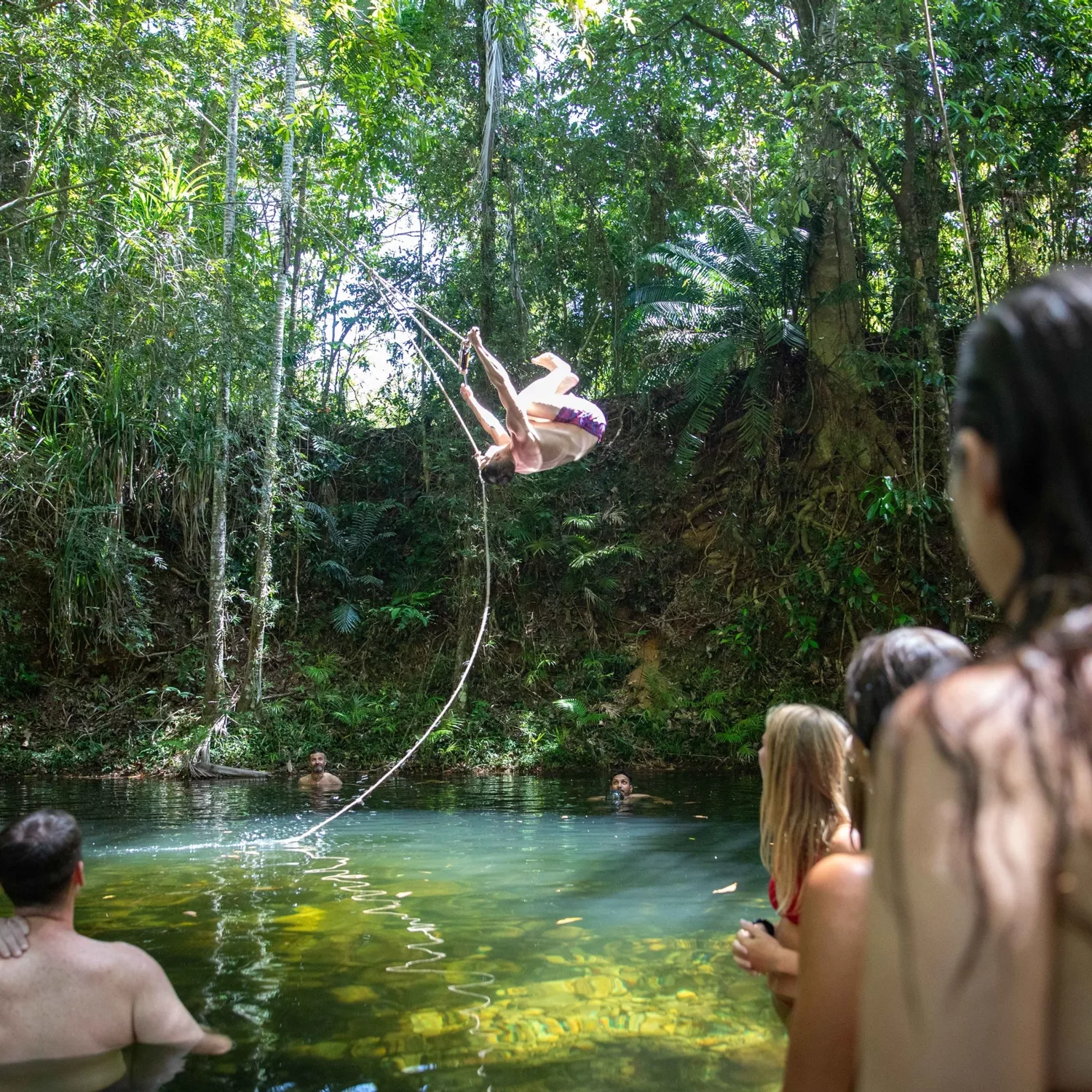 Person on a rope swing over a freshwater rainforest creek