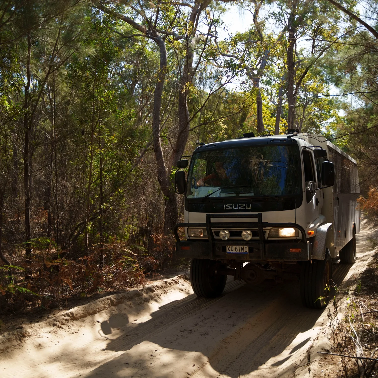 4WD tour bus driving along a sandy bush track on Moreton Island