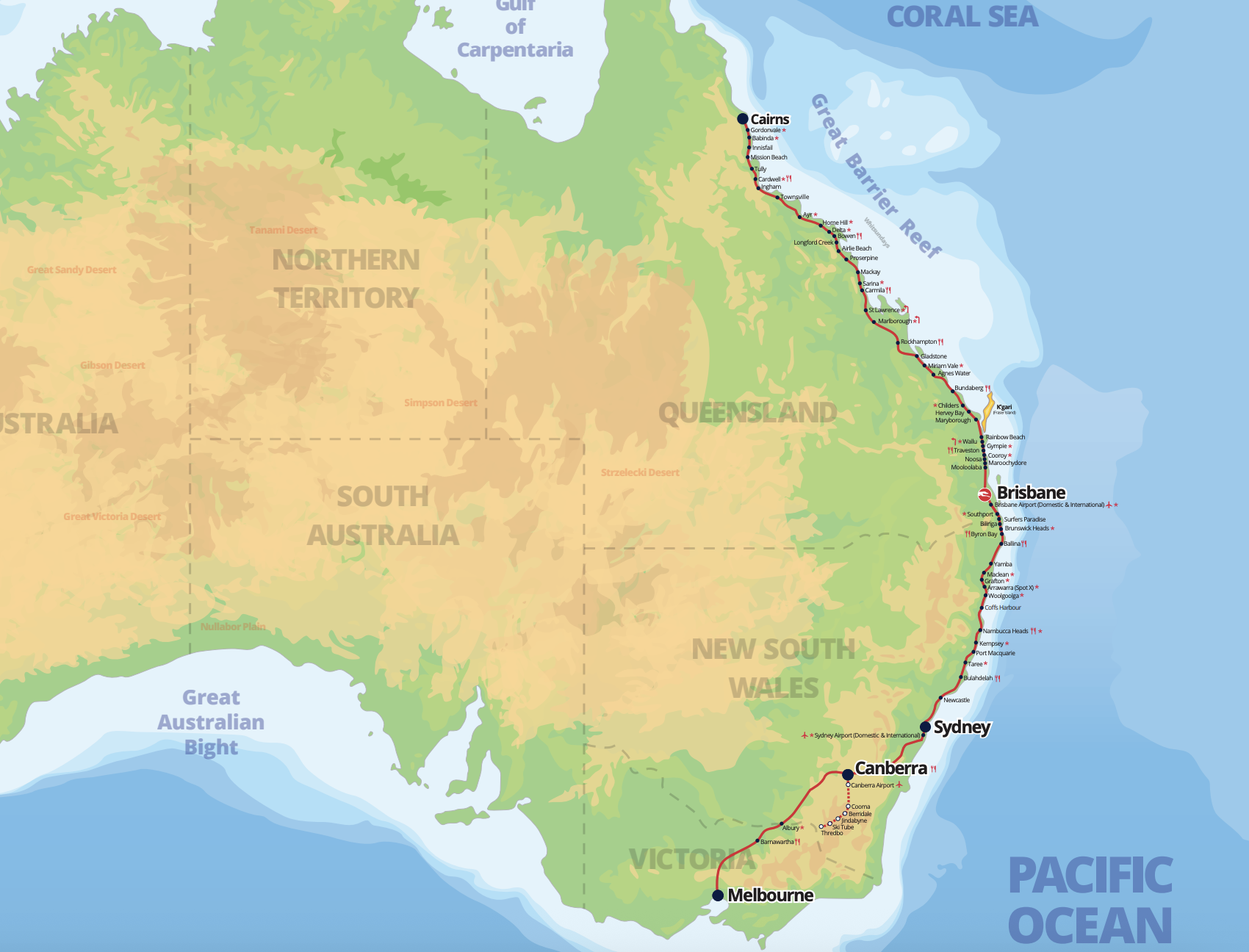 Map of the Greyhound Australia coach network down the East Coast
